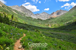 In Rustlers Gulch,  a scenic mountain landscape features a lush green valley dotted with colorful wildflowers and a winding dirt trail. Jagged peaks, partly covered in patches of snow, rise in the background along with a distant waterfall near Crested Butte.   Colorado Fine Art Landscape Photography Print for Sale.
