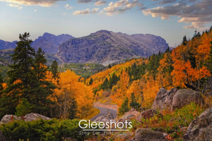 In Rocky Mountain National Park, a winding road cuts through a valley adorned with vibrant fall foliage. Tall evergreen trees intermingle with deciduous trees showcasing bright orange and yellow aspen leaves. Majestic mountains stand in the background under a partly cloudy evening sky.  Colorado Fine Art Landscape Photography Print for Sale.