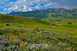 Along the Snodgrass Trail in Crested Butte, a winding road can be seen amidst lush, green rolling hills adorned with purple and orange wildflowers.  Soft light from the setting sun highlights the wildflowers in the foreground, while majestic maroon-colored mountains rise in the background.  Colorado Fine Art Landscape Photography Print for Sale.