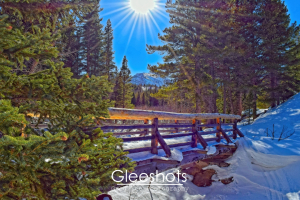 In Rocky Mountain National Park, a sunlit snow-covered wooden bridge flanked by tall evergreen trees leads toward distant mountains.  Rays of sunshine are visible in a clear blue sky.  Colorado Fine Art Landscape Photography Print for Sale.