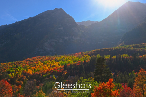 Sunlight shines down on the colorful autumn valley below Mount Timpanogos, with trees in shades of red, orange, yellow, and green.  Utah Fine Art Landscape Photography for Sale.