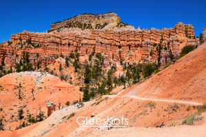 Along the Fairyland Loop Trail, orange and red rock formations rise beneath a clear blue sky in Bryce Canyon National Park. Pine trees dot the rocky landscape, and a winding dirt trail curves along the hillside in the foreground.  Utah Fine Art Landscape Photography Print for Sale.
