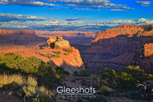 A view of Canyonlands National Park at sunset, with the sunlit canyon  landscape displaying red rock cliffs, green shrubs, and distant snow-capped mountains.  Utah Fine Art Landscape Photography Print for Sale.