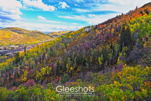 A Park City hillside in autumn, with trees covered in vibrant fall foliage, displaying shades of yellow, orange, green, red, and purple.  The city can be seen in the distance.  Utah Fine Art Landscape Photography for Sale.