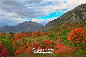 In this colorful autumn landscape, orange, red, and green trees fill Cascade Meadows, with Cascade Mountain and Mount Timpanogos as a backdrop.  Utah Fine Art Landscape Photography for Sale.