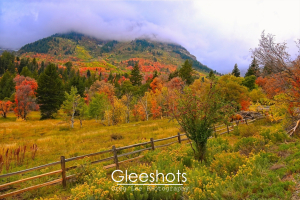 A scenic autumn landscape on Mt Timpanogos, with vibrant fall foliage, a wooden fence, grassy field, and distant forested mountains partially covered by fog and low-hanging clouds.   Utah Fine Art Landscape Photography for Sale.