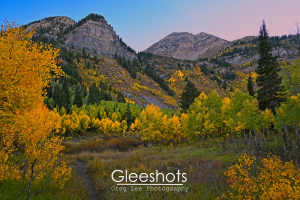 A scenic mountain landscape at sunset with vibrant yellow and green autumn trees in the foreground, the rugged peaks of Timpanogos in the background, and a dirt path leading through the forest.   Utah Fine Art Landscape Photography for Sale.