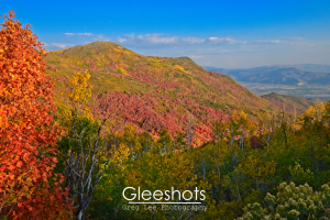A daytime view of the colorful Wasatch Mountains above the Heber Valley in autumn.  Utah Landscape Photography Print.