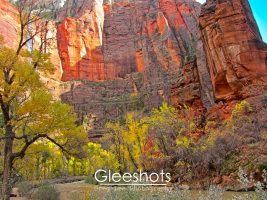 This photo of Zion National Park in autumn showcases the sunlit red and orange canyon walls towering above the Temple of Sinawava,   Yellow and red trees line the Virgin River.  Utah Fine Art Landscape Photography for Sale.