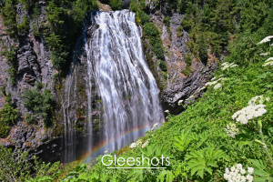 Narada Falls in Mt Rainier National Park cascades over jagged cliffs into a misty pool, creating a vibrant rainbow, surrounded by lush greenery and wildflowers.  Waterfall Landscape Photography Print for Sale.